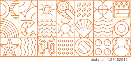 Seafood food in modern line geometric pattern or mosaic tile, vector background. Seafood pattern in thin line geometry with shrimp or salmon, crab and oyster, sardines and caviar in geometric outline 127462915