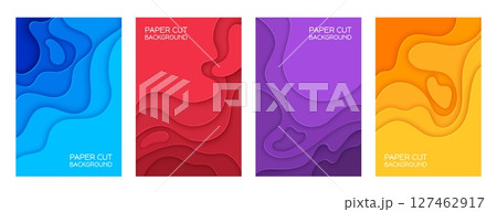 Color shape paper cut wave background posters. Vector 3d origami art craft abstract geometric pattern with wavy paper cut layers. Cutout blue, yellow, red and purple color wave shapes banners set 127462917
