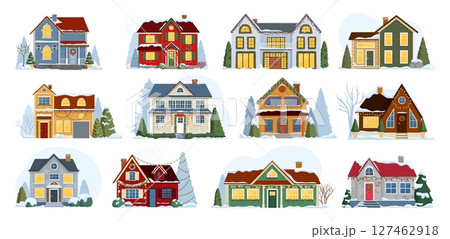 Christmas winter house building exteriors, isolated home facades with snowy roofs, vector Xmas holiday village street set. Cartoon winter houses and cottages with Christmas trees, lights, door wreaths 127462918