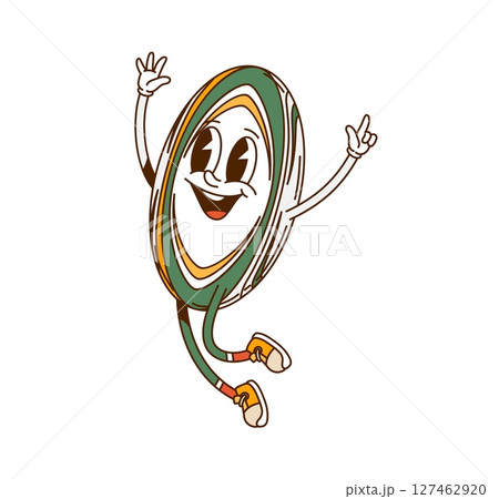 Cartoon groovy rugby ball sport character. Vector retro personage with a happy expression, represents positivity, fun, y2k vibe and energetic movement, conveying nostalgic and cheerful hippie 127462920