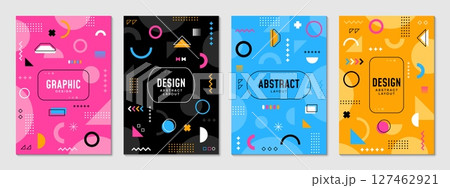 Memphis posters with abstract geometric shapes. Modern cover background templates with abstract figures. Vector playful cards or story posts, feature graphic patterns in retro modern style of the 80s 127462921