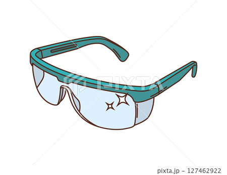 Cartoon groovy protective medical glasses with sparkle effect. Vector safety goggles for eye protection in medical, laboratory and industrial environments ensuring safety or hygiene for medicine staff 127462922