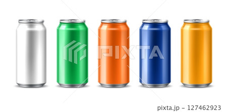 Realistic soda drink cans. Vector 3d mockups of aluminum or tin cans for soft beverage, sparkling water, fruit juice, energy drink or lemonade. Aluminium jars set with colorful labels and shadows 127462923