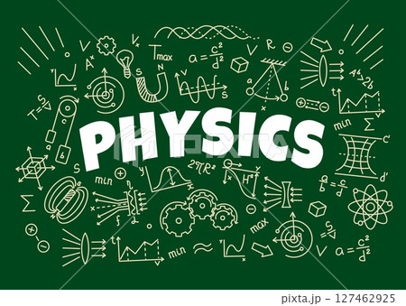 Physics formulas on school board vector background. Physics science education sketch chalk symbols, physical laws, theory graphs, magnet and prism on board 127462925