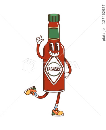 Cartoon groovy tabasco sauce bottle character showcasing hippie y2k vibe with bright sneakers. Isolated vector glass container with saucy condiment, funky food retro personage strikes a cheerful pose Cartoon groovy tabasco sauce bottle character showcasing hippie y2k vibe with bright sneakers. Isolated vector glass container with saucy condiment, funky food retro personage strikes a cheerful pose 127462927