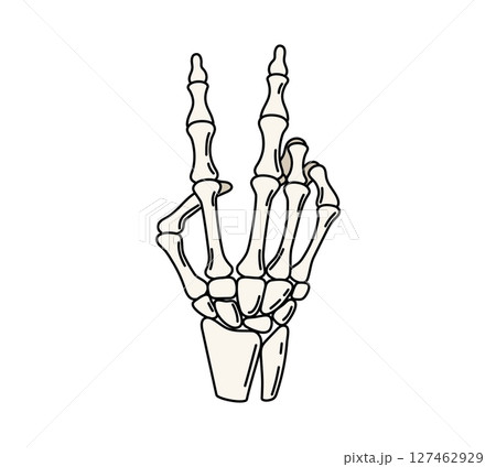 Cartoon groovy Halloween skeleton hand forming the iconic V symbol for victory gesture. Isolated vector eerie skeletal arm with outstretched bony fingers, symbolizing triumph and success 127462929
