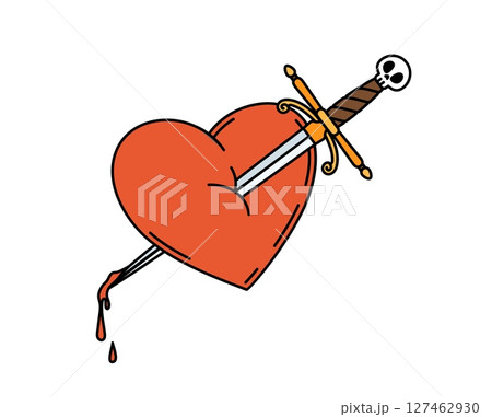 Cartoon groovy red heart pierced by a sword with skull handle, symbolizing love, pain, passion or conflict, heartbreak and sacrifice relationships. Vector Halloween symbol of vintage heart with dagger Cartoon groovy red heart pierced by a sword with skull handle, symbolizing love, pain, passion or conflict, heartbreak and sacrifice relationships. Vector Halloween symbol of vintage heart with dagger 127462930