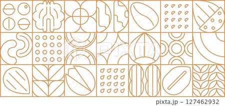 Nut and legume modern line geometric pattern. Design cover or flyer minimal shape background, tile geometric outline vector pattern with thin line hazelnut, cashew, pistachio, almond and pecan, walnut 127462932