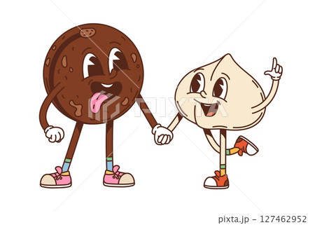 Cartoon groovy macadamia nut and seed characters, retro personages with quirky expressions and vintage hippie shoes, capture a funky and playfuly2k vibe of friendship, celebration, and happiness 127462952