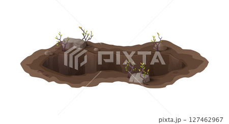 Cartoon deep dirty pit and burrow, ground hole. Soil erosion pit or natural disaster chasm, isolated vector animal burrow. Deep dirty and muddy hole in ground with stones and tree sprouts on edges 127462967