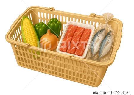 お買い物　カゴに入った生鮮食品　日常生活　白背景　Generative AI 127463185