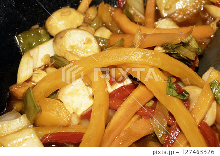 Close up of pickled shredded fried vegetables Close up of pickled shredded fried vegetables 127463326