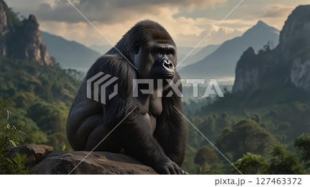 Deep in the rainforest, a lone gorilla seems to reflect on the silence of his vanishing world. Deep in the rainforest, a lone gorilla seems to reflect on the silence of his vanishing world. 127463372
