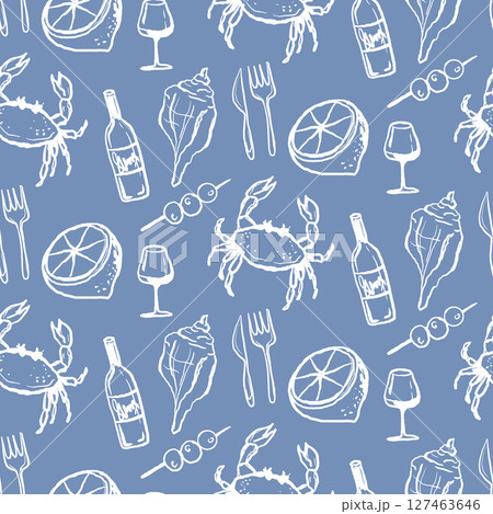 Sea food vacation seamless pattern. Wine, crab, seashells and lemon hand drawn illustration. Design for textile, paper wrap restaurant and menu 127463646