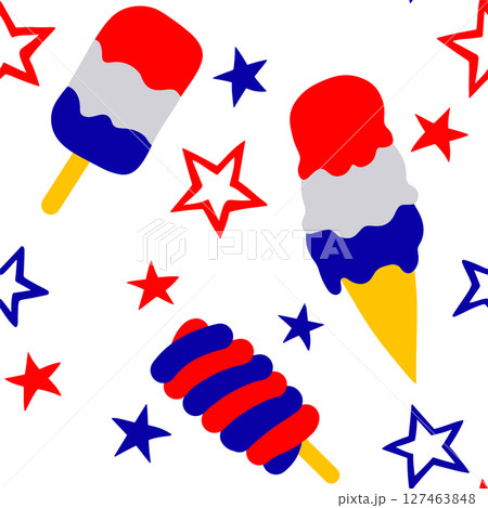 Vector seamless pattern for American Independence Day. Ice cream and stars, fireworks. Vector seamless pattern for American Independence Day. Ice cream and stars, fireworks. 127463848