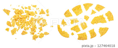 Potato chips isolated on white background with full depth of field. Top view. Flat lay. Potato chips isolated on white background with full depth of field. Top view. Flat lay. 127464018