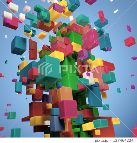 Vibrant 3D Cube Explosion: A Colorful Dynamic Experience on Light Blue 127464224