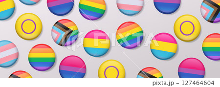 Pride month celebration colorful LGBTQIA+ badges diverse rainbow flags glossy round buttons seamless pattern light background banner 127464604