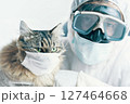 A person and a cat are both wearing masks in a photo, highlighting the importance of pandemic safety and care 127464668