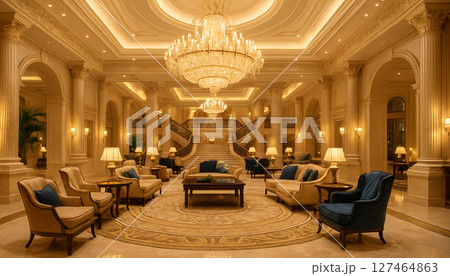 シンメトリーデザインが美しい高級ホテルのロビー シンメトリーデザインが美しい高級ホテルのロビー 127464863