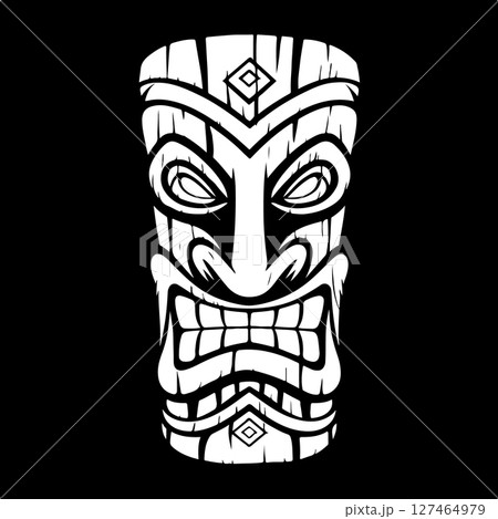 Tiki totem mask, Hawaiian indigenous vintage ritual mack.  Hawaiian totems made wood and stone for bars and resorts for paradise holidays. Vector illustration 127464979