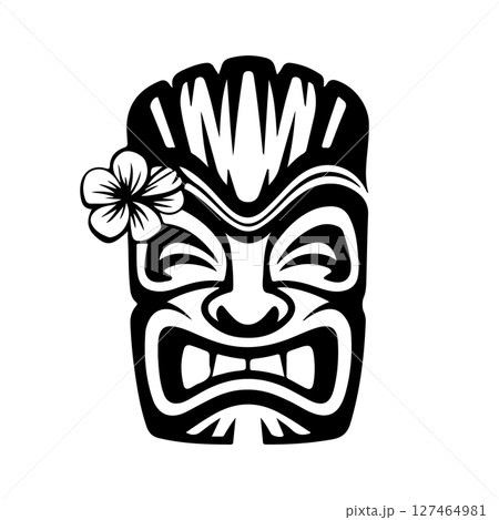 Tiki totem mask, Hawaiian indigenous vintage ritual mack.  Hawaiian totems made wood and stone for bars and resorts for paradise holidays. Vector illustration 127464981