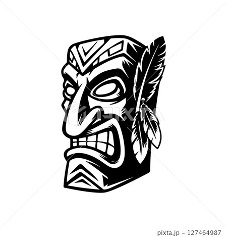 Tiki totem mask, Hawaiian indigenous vintage ritual mack. Hawaiian totems made wood and stone for bars and resorts for paradise holidays. Vector illustration Tiki totem mask, Hawaiian indigenous vintage ritual mack. Hawaiian totems made wood and stone for bars and resorts for paradise holidays. Vector illustration 127464987