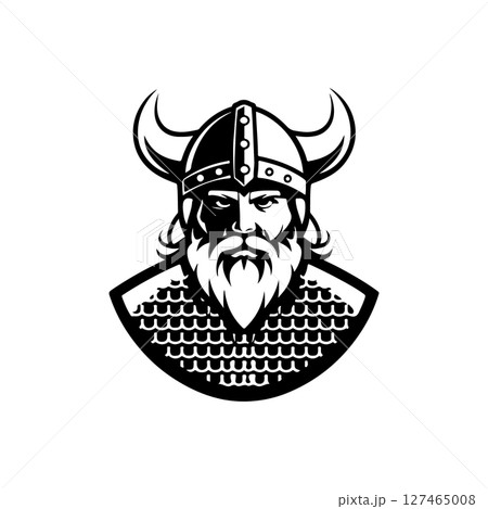 Illustration of a head of viking warrior. Design element for logo, label, sign, poster, card. Vector illustration 127465008