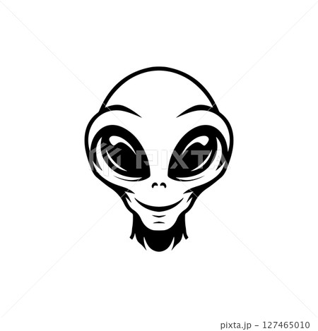 Illustration of a head of alien. Alien head. UFO. Cryptozoology. Design element for logo, label, sign, poster, card. Vector illustration 127465010