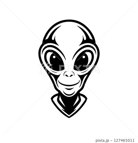 Illustration of a head of alien. Alien head. UFO. Cryptozoology. Design element for logo, label, sign, poster, card. Vector illustration 127465011
