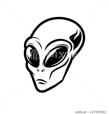Illustration of a head of alien. Alien head. UFO. Cryptozoology. Design element for logo, label, sign, poster, card. Vector illustration 127465012