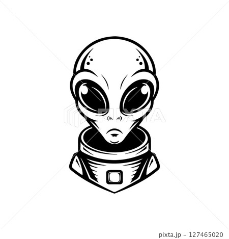 Illustration of a head of alien. Alien head. UFO. Cryptozoology. Design element for logo, label, sign, poster, card. Vector illustration Illustration of a head of alien. Alien head. UFO. Cryptozoology. Design element for logo, label, sign, poster, card. Vector illustration 127465020