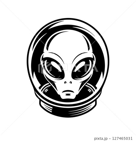 Illustration of a head of alien. Alien head. UFO. Cryptozoology. Design element for logo, label, sign, poster, card. Vector illustration 127465031