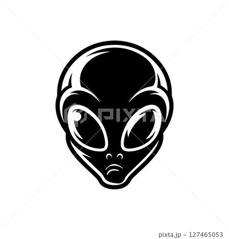 Illustration of a head of alien. Alien head. UFO. Cryptozoology. Design element for logo, label, sign, poster, card. Vector illustration 127465053