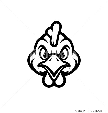 Illustration of chicken head in monochrome style. Chicken head in logo style. Design element for logo, emblem, sign, badge, poster. Vector illustration 127465065