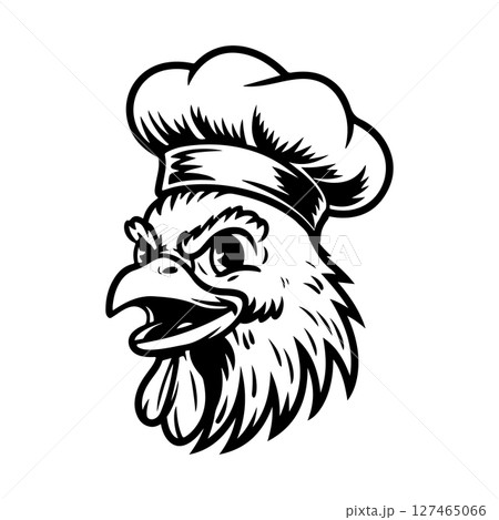 Illustration of chicken head in monochrome style. Chicken head in logo style. Design element for logo, emblem, sign, badge, poster. Vector illustration 127465066