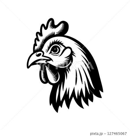 Illustration of chicken head in monochrome style. Chicken head in logo style. Design element for logo, emblem, sign, badge, poster. Vector illustration 127465067