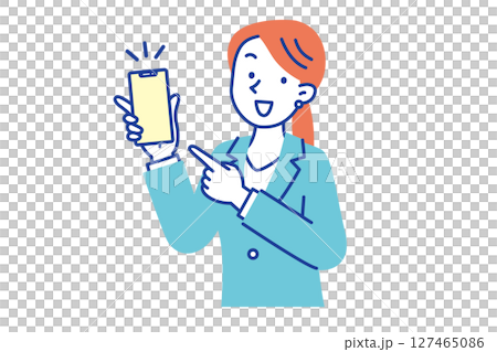 A young woman in a suit holding a smartphone and looking at this 127465086