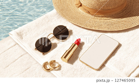 Stylish summer accessories including round sunglasses, red lipstick, smartphone, and gold jewelry arranged on a white towel beside a shimmering pool, evoking relaxation and leisure 127465095