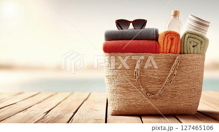 Woven beach bag filled with colorful towels, sunglasses, and a water bottle, resting on wooden deck by the pool, evoking summer relaxation and leisure vibes Woven beach bag filled with colorful towels, sunglasses, and a water bottle, resting on wooden deck by the pool, evoking summer relaxation and leisure vibes 127465106