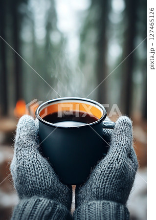Warm cup of coffee held in cozy hands wearing knitted gloves, surrounded by a serene forest setting with soft steam rising, evoking a sense of comfort and tranquility in nature 127465126