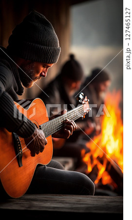 Male musician playing acoustic guitar by a warm campfire, surrounded by fellow musicians, creating a cozy atmosphere and showcasing the joy of music in an outdoor setting 127465127
