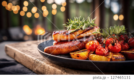 Grilled sausages served on a rustic wooden platter with roasted vegetables and fresh herbs, creating a warm and inviting outdoor dining atmosphere with soft bokeh lights 127465131