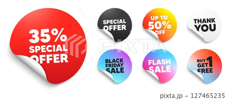 Discount red sticker tag. Special offer paper price tags. 35 percent discount offer tag. Sale price promo sign. Special offer symbol. Discount, black friday sticker. Promo banner. Vector 127465235