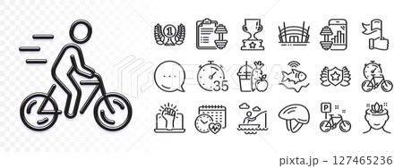 Bicycle helmet, Yoga mind and Laureate award line icons for web app. Glare of light effect. Message icon. Pack of Fishfinder, Bike, Winner cup pictogram icons. Vector 127465236