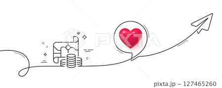 Treasure map line icon. Continuous line with share plane. Investment goal sign. Money coins symbol. 3d heart in speech bubble. Treasure map single line ribbon. Loop curve pattern. Vector Treasure map line icon. Continuous line with share plane. Investment goal sign. Money coins symbol. 3d heart in speech bubble. Treasure map single line ribbon. Loop curve pattern. Vector 127465260