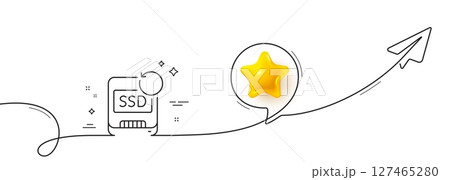 Recovery ssd line icon. Continuous line with share plane. Backup data sign. Restore information symbol. 3d star in speech bubble. Recovery ssd single line ribbon. Loop curve pattern. Vector 127465280