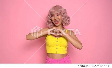 金髪巻き髪×ポップコーデのウィンク女性 127465624