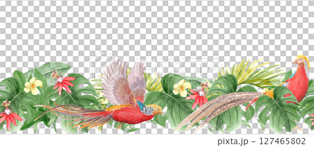 Golden pheasant flying and standing, tropical leaves, white and red flowers watercolor seamless border isolated on white. Hand drawn rainforest nature. Exotic paradise bird and plants illustration Golden pheasant flying and standing, tropical leaves, white and red flowers watercolor seamless border isolated on white. Hand drawn rainforest nature. Exotic paradise bird and plants illustration 127465802