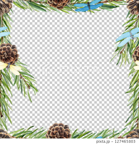 Pine branches, cones, dragonflies a botanical square frame. Hand-painted in watercolor. Perfect for eco branding, invitations, packaging, greeting cards, natural product labels and seasonal designs Pine branches, cones, dragonflies a botanical square frame. Hand-painted in watercolor. Perfect for eco branding, invitations, packaging, greeting cards, natural product labels and seasonal designs 127465803